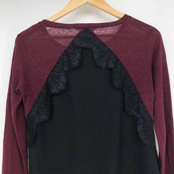 Sandro Paris Burgundy Black crochet lace detailing long sleeve t-shirt SP - Picture 6 of 15